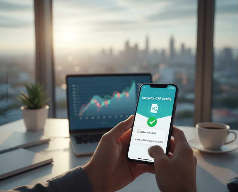 Pessoa segurando um smartphone exibindo a consulta de CPF grátis, com gráfico de dados ao fundo e uma xÃcara de café na mesa.