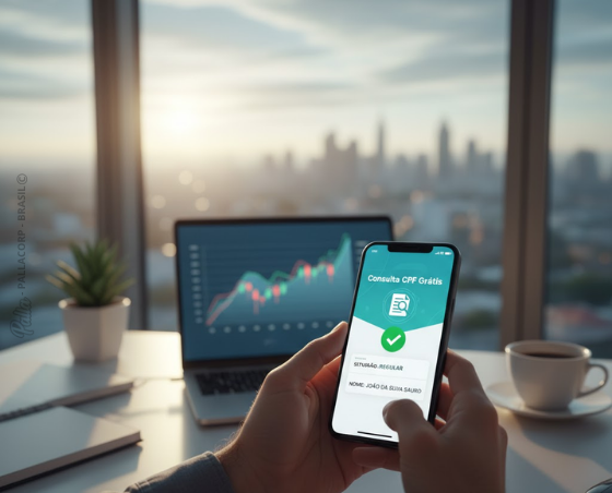 Pessoa segurando um smartphone exibindo um aplicativo de consulta de CPF, com gráficos financeiros em um laptop ao fundo e uma vista da cidade ao pôr do sol.
